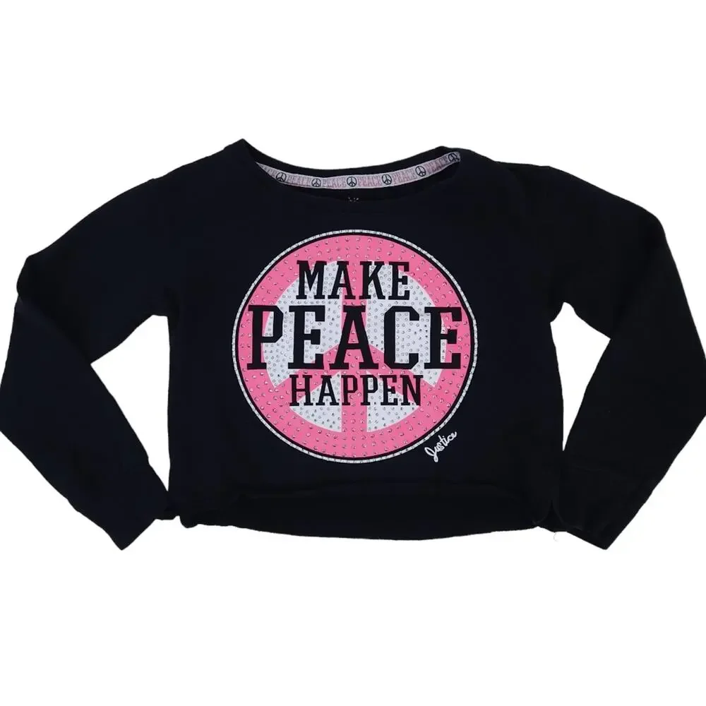Justice Crop Sweatshirt Size 10 Make Peace Happen Studded Black Pink Hip Hop